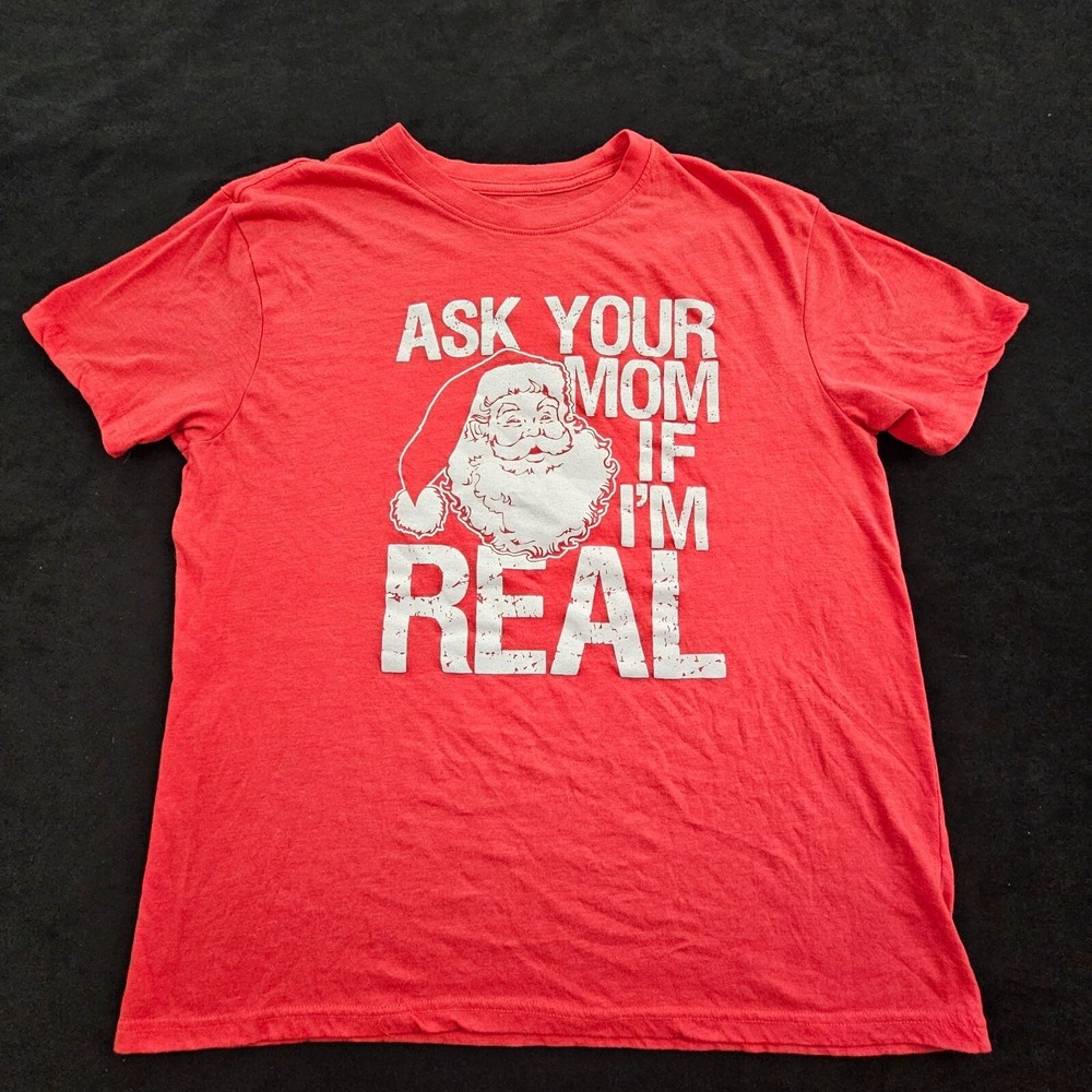 Ask Your Mom if I'm Real Santa Red Short Sleeve‎ Cotton Blend T-Shirt Men's L